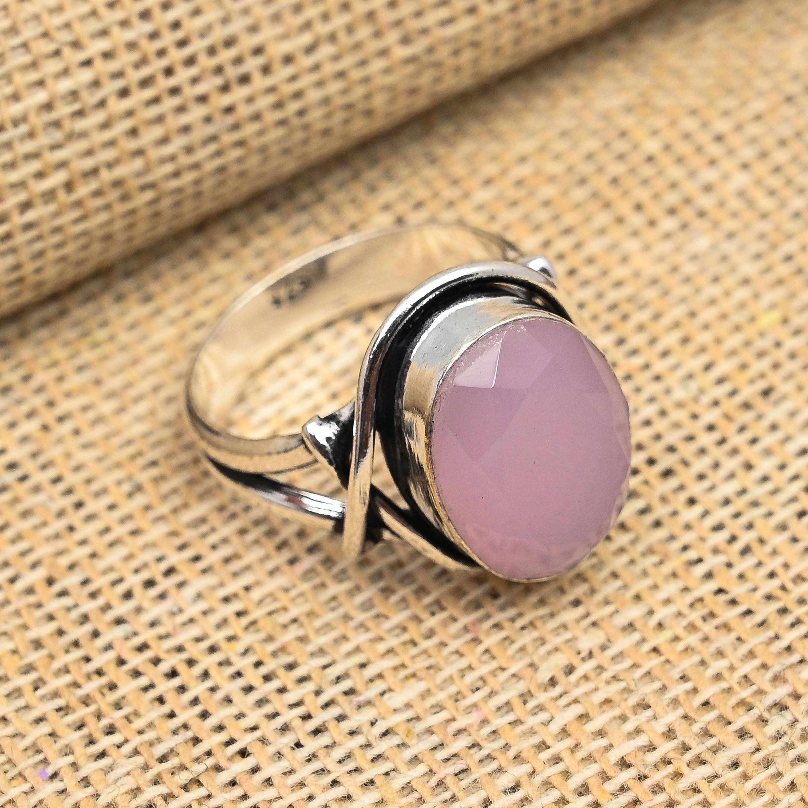Faceted Pink Chalcedony Gemstone 925 Sterling Silver Handmade Jewelry Ring Gift