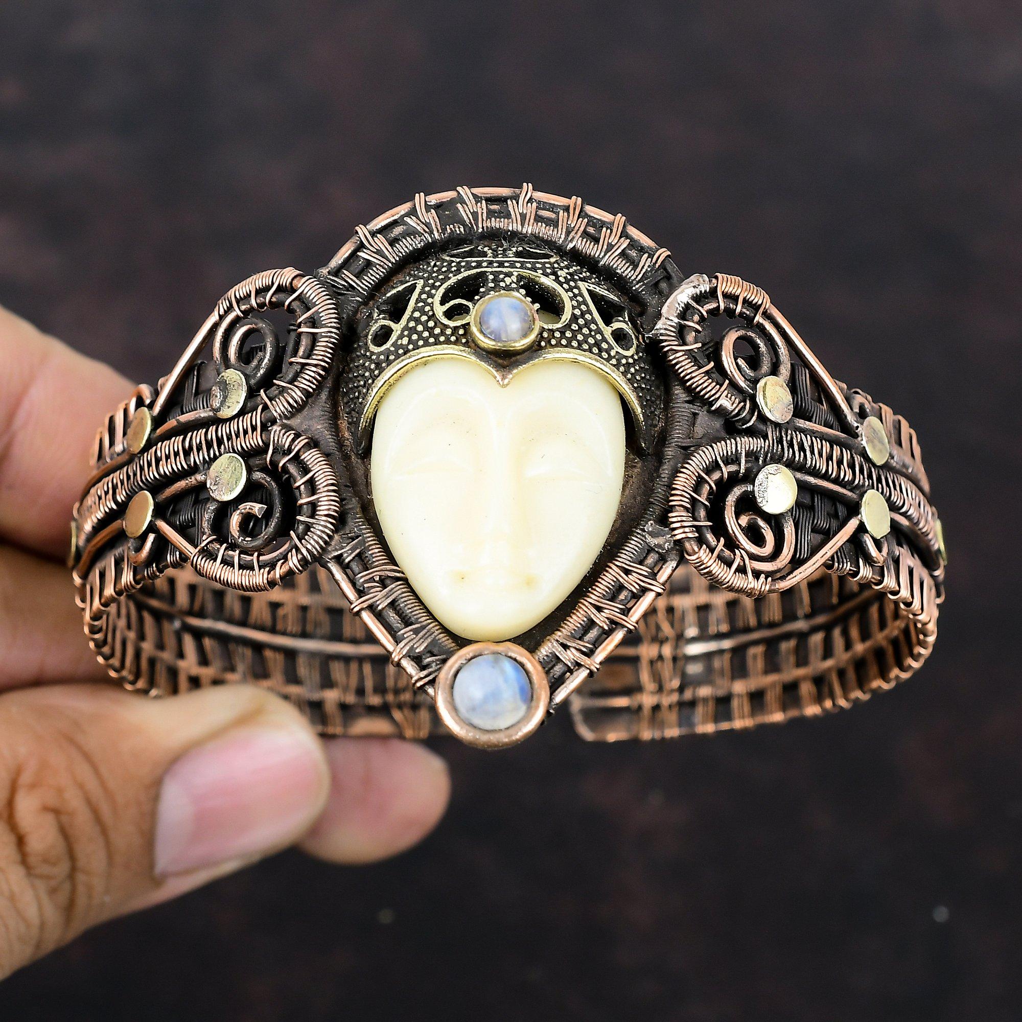 White Carved Bone Face Cuff Bracelet Copper Wire Wrapped Gemstone Bangle Adjustable Cuff Bracelet Moonstone Bangle Handmade Copper Jewelry