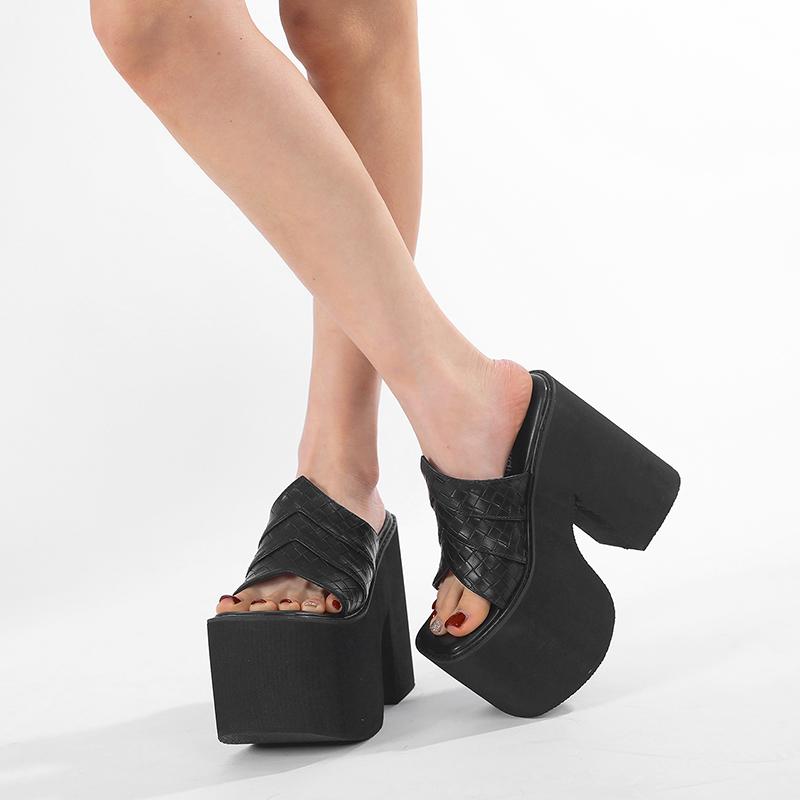 Gdgydh Black Platform Sandals for Women Wedge Heels Fashionable Strappy Back Open Toe Summer High Heel Sandals Slip-On Outdoor