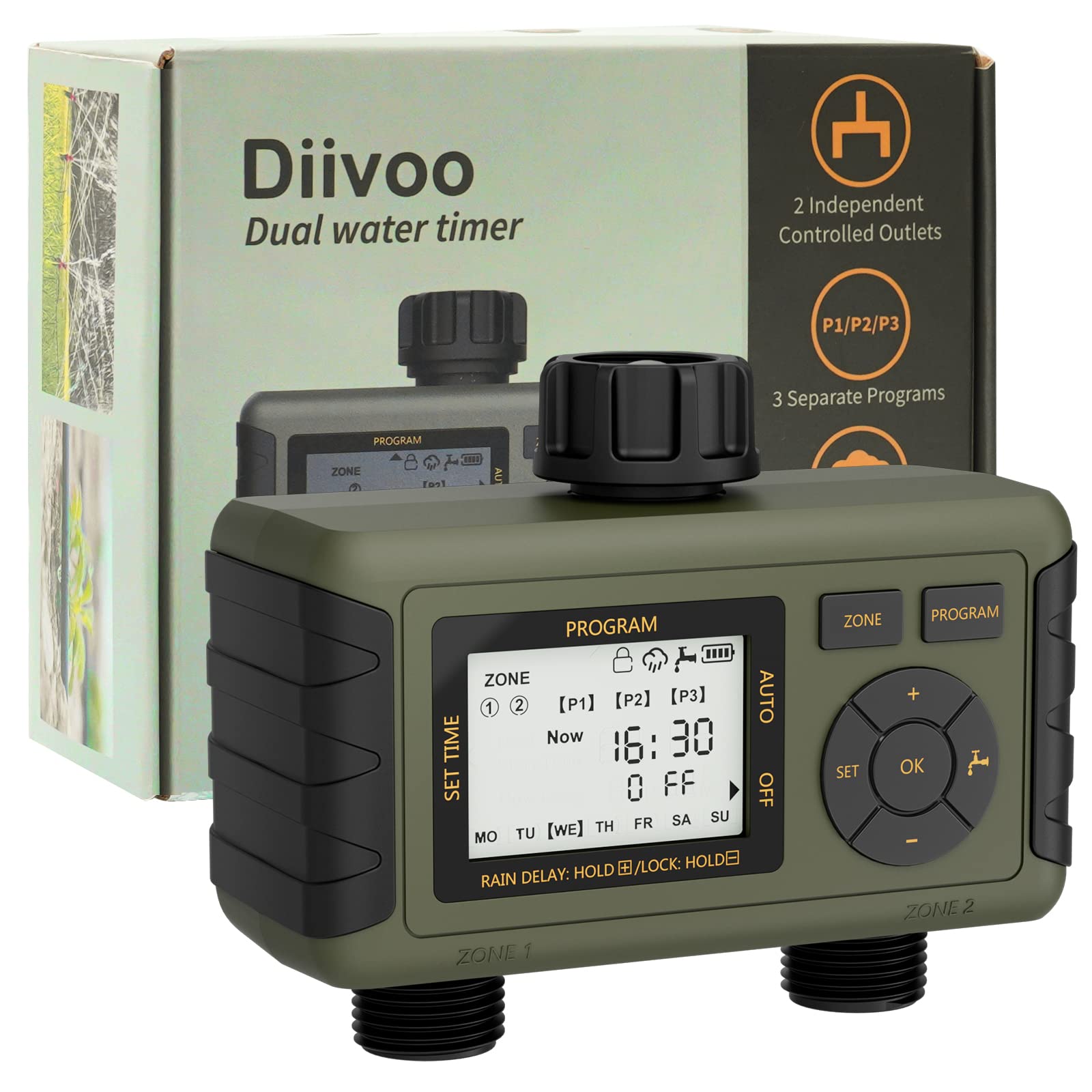 Diivoo 2 Zone Automatic Watering Timer Garden Irrigation Controller Outdoor With LCD Dispaly Waterproof Programmer for Lawn
