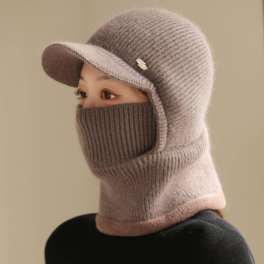 New Winter Balaclava Cap Women Keep Warm Windproof Knitted Hat Neck Protection Beanie Cap Plush Fur Lined Hats For Women