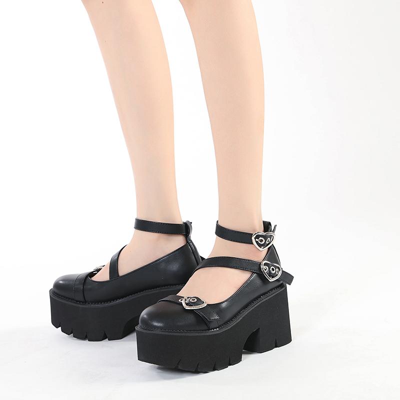 Gdgydh Женские туфли Мэри Джейн на платформе на массивном каблуке с весенней крестообразной повязкой Kawaii Cospaly с пряжкой в ​​форме сердца