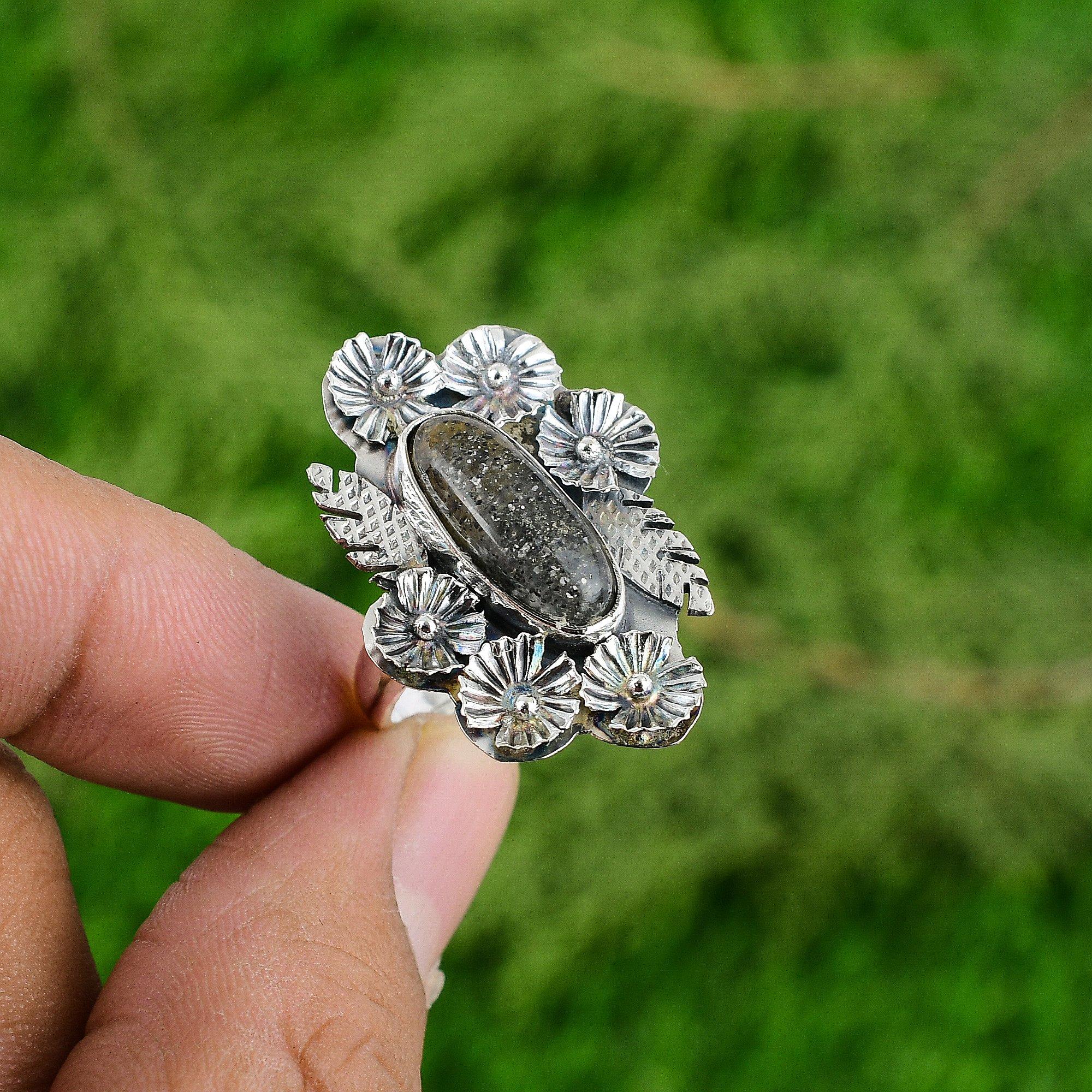 Натуральный Черный Солнечный Камень Серебро 925 Пробы Солитер Кольцо-Цветок Регулируемое для Женщин