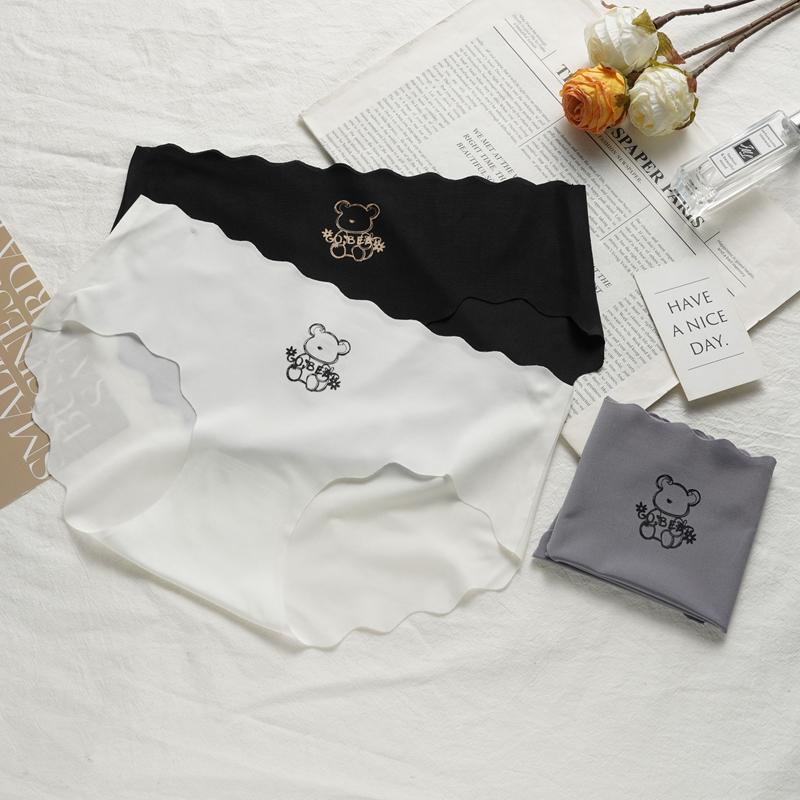 Women Ice Silk Mid-Waist Panty Wave Waist Comfortable Girl Underwear Cute Cartoon Print Breathable Bottom Crotch Briefs