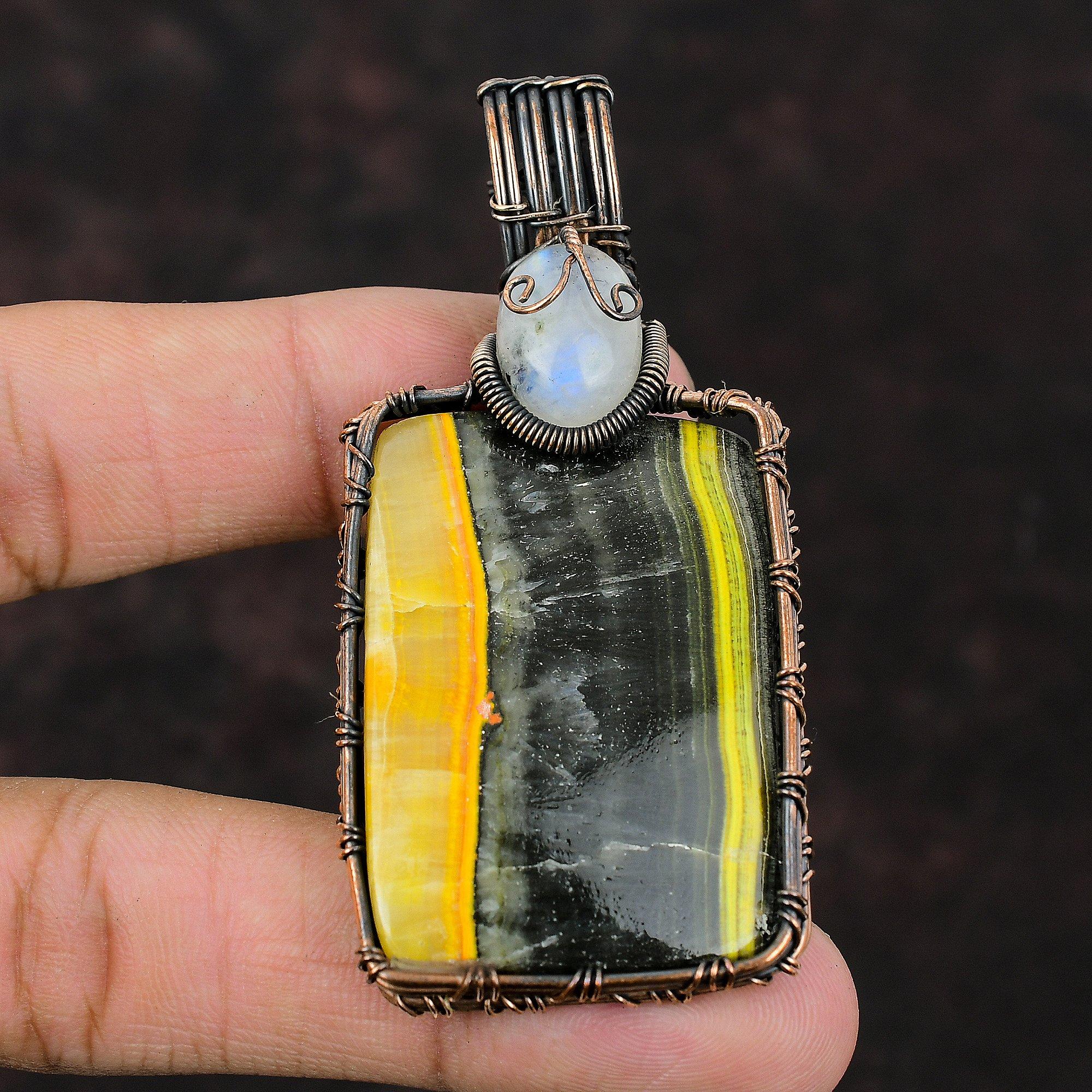 Bumble Bee Jasper Pendant Rainbow Moonstone Pendant Copper Wire Wrapped Pendant Real Gemstone Handmade Pendant Antique Copper Design Jewelry