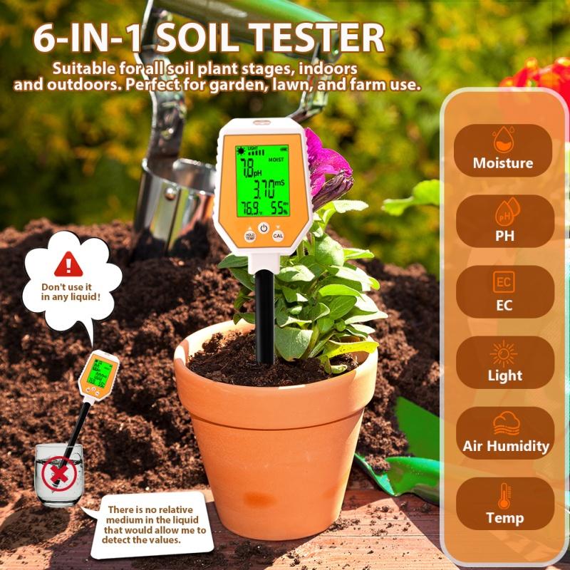 Yieryi 6-in-1 Soil Tester PH EC Moisture Sunlight Air Humidity Temp High Accuracy Conductivity PH Meter for Gardening Farming