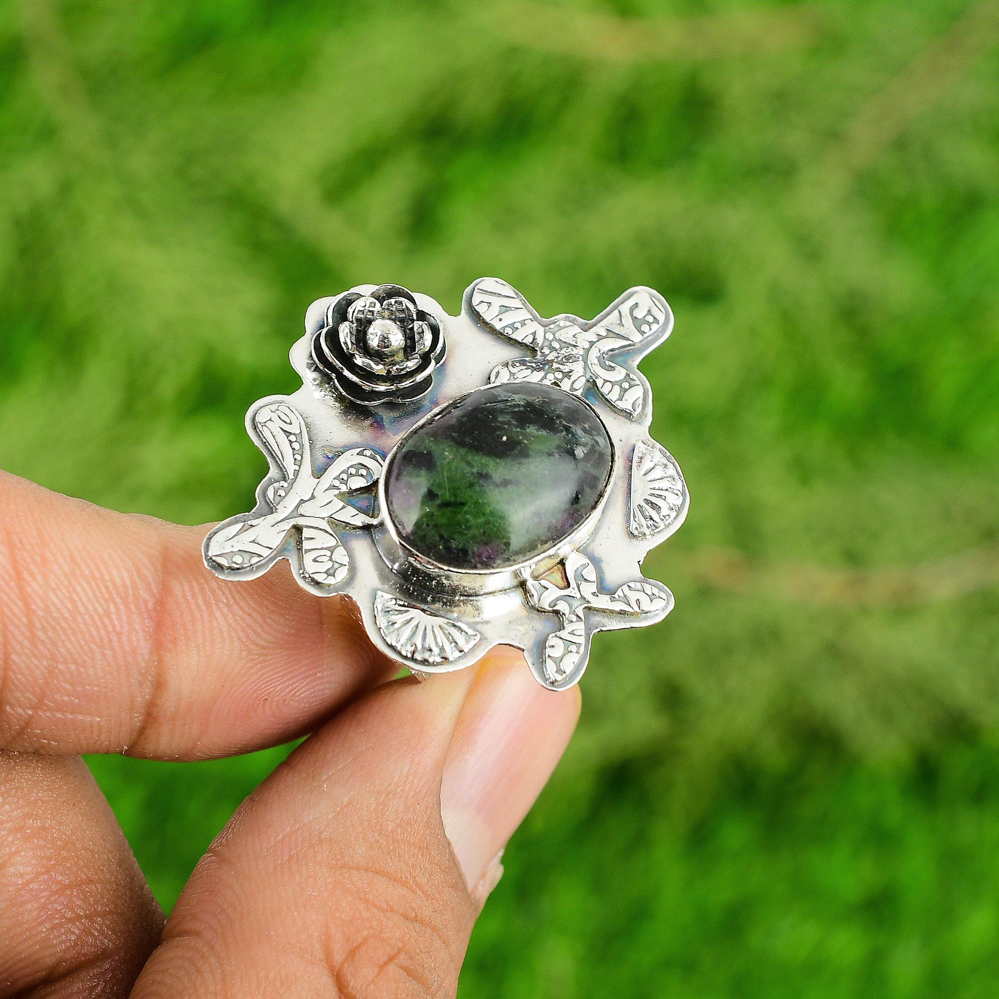 Gift For Her 925 Silver Natural Ruby Zoisite Statement Flower Adjustable Ring
