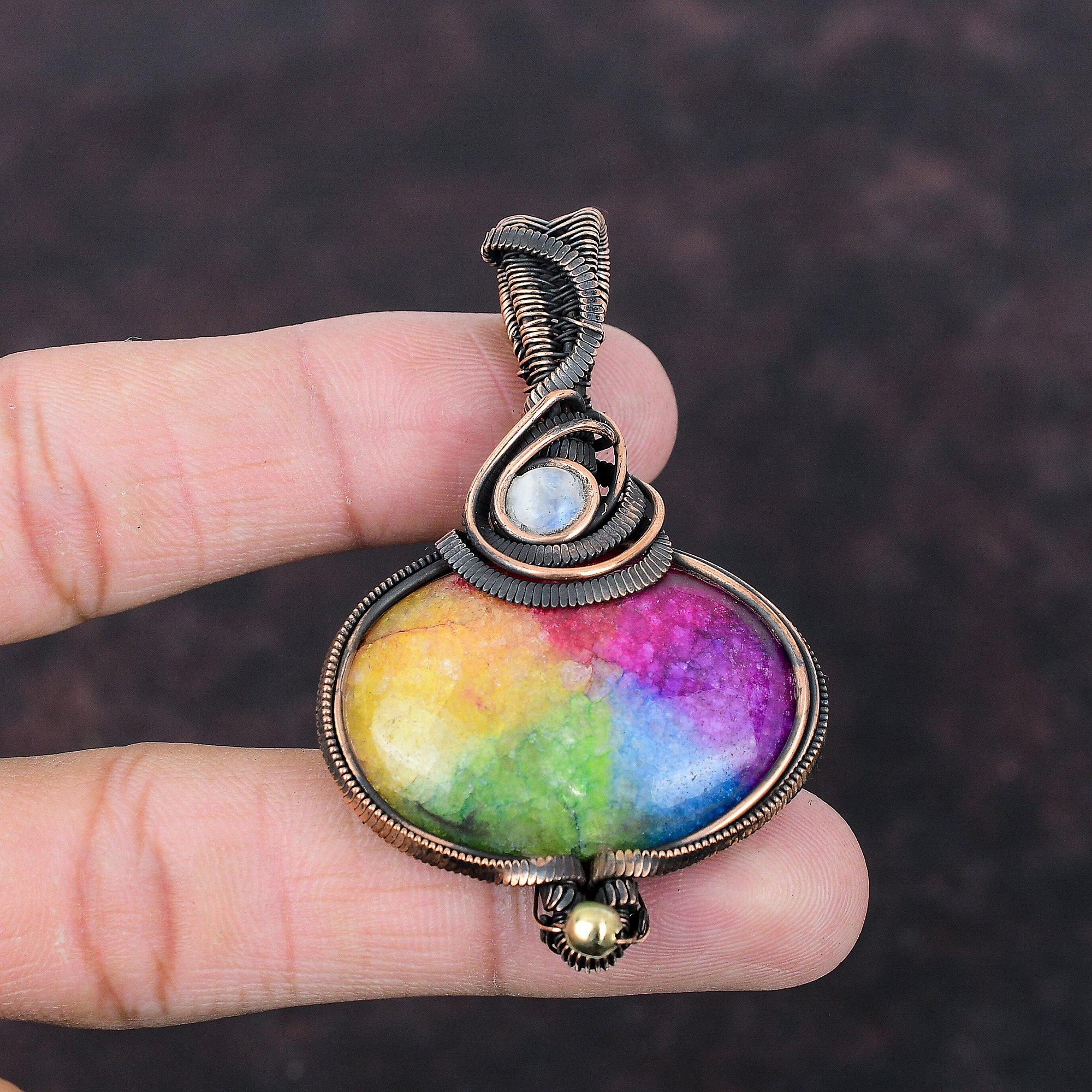Rainbow Solar Quartz Druzy Copper Wire Wrapped Pendant Rainbow Moonstone Pendant Copper Jewelry Gemstone Pendant For Women Handmade Jewelry