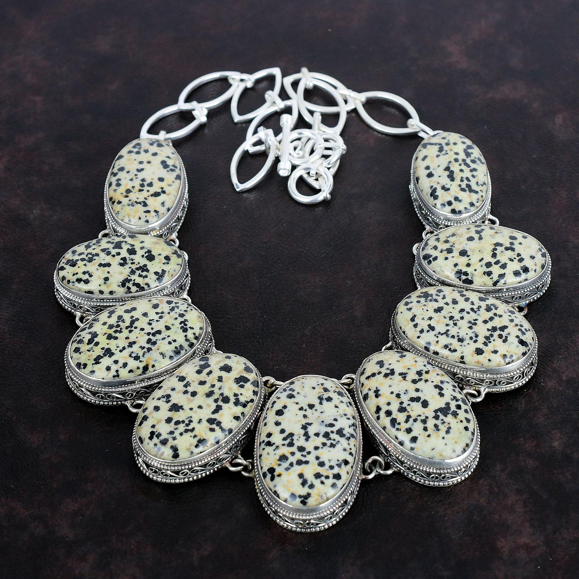 Dalmatian Jasper Gemstone Necklace Vintage Jewelry 925 Sterling Silver Adjustable Chain Necklace Handmade Unique Style Necklace Gift For Her