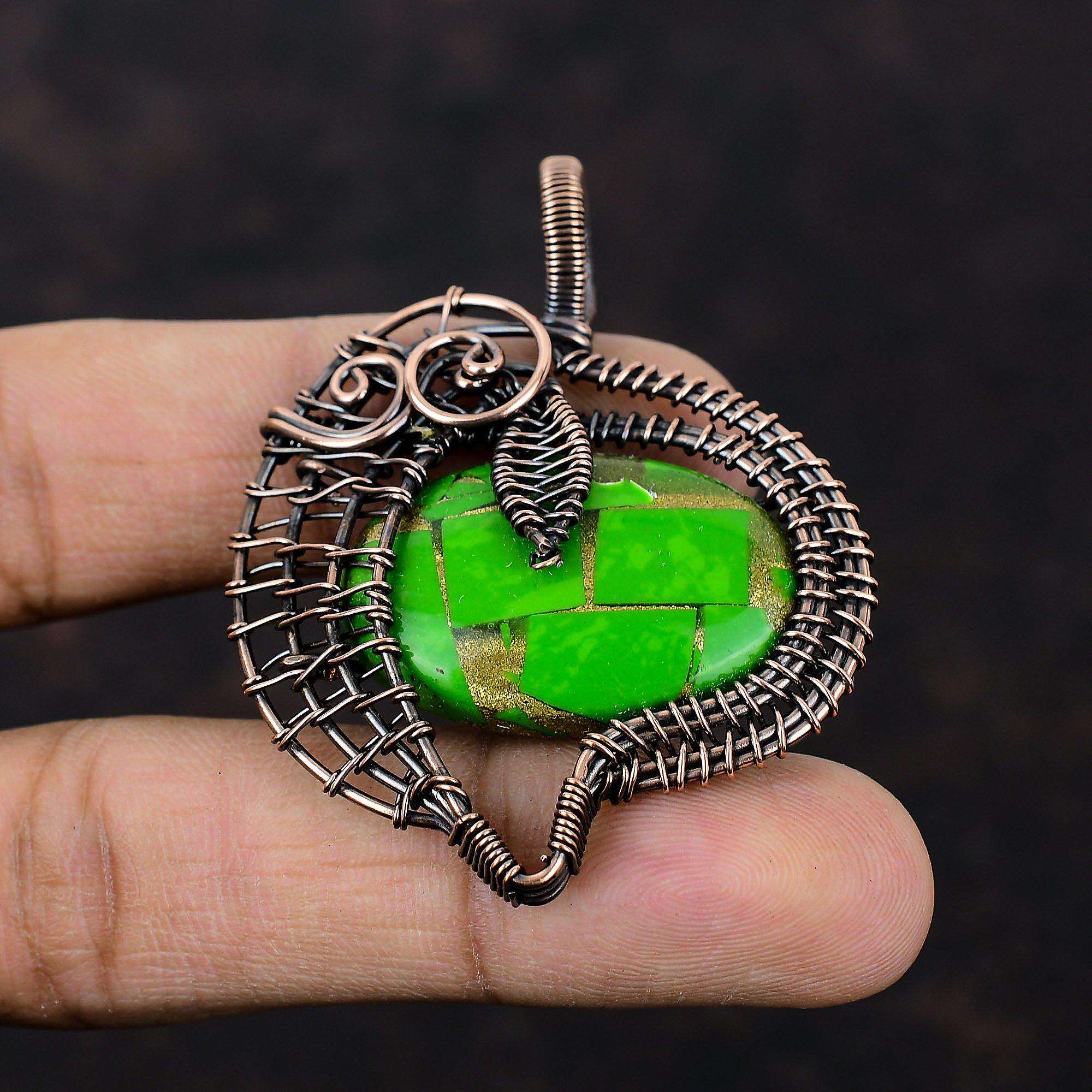 Copper Green Turquoise Pendant Copper Wire Wrapped Pendant Handmade Gemstone Pendant Wire Wrap Jewelry Boho Pendant Copper Jewelry For Gift