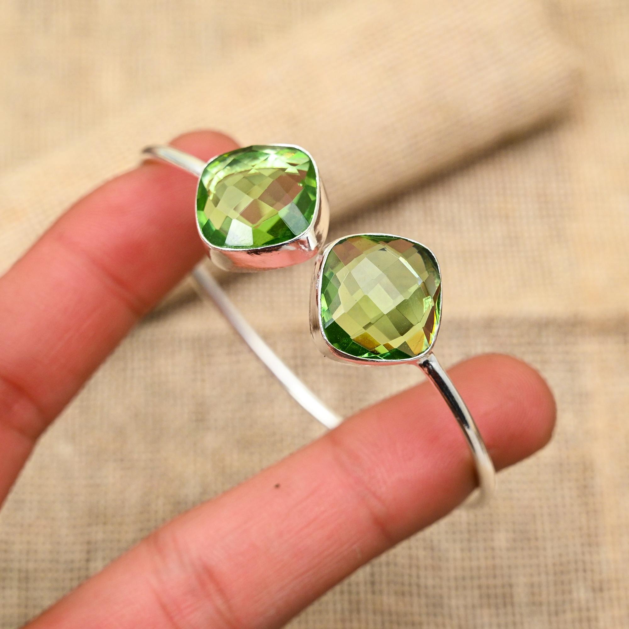Lovely Green Amethyst Gemstone Handmade Jewelry 925 Sterling Silver Cuff Bangle For Women
