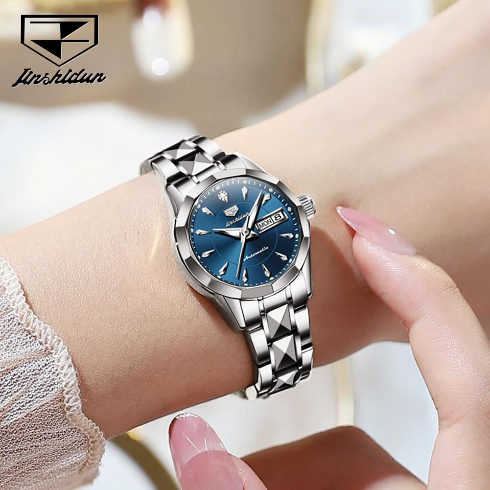 JINSHIDUN New Business and Leisure Ladies Watch Fully Automatic Mechanical Watch Tungsten Steel Double Calendar Luminous Waterproof High-end Watch