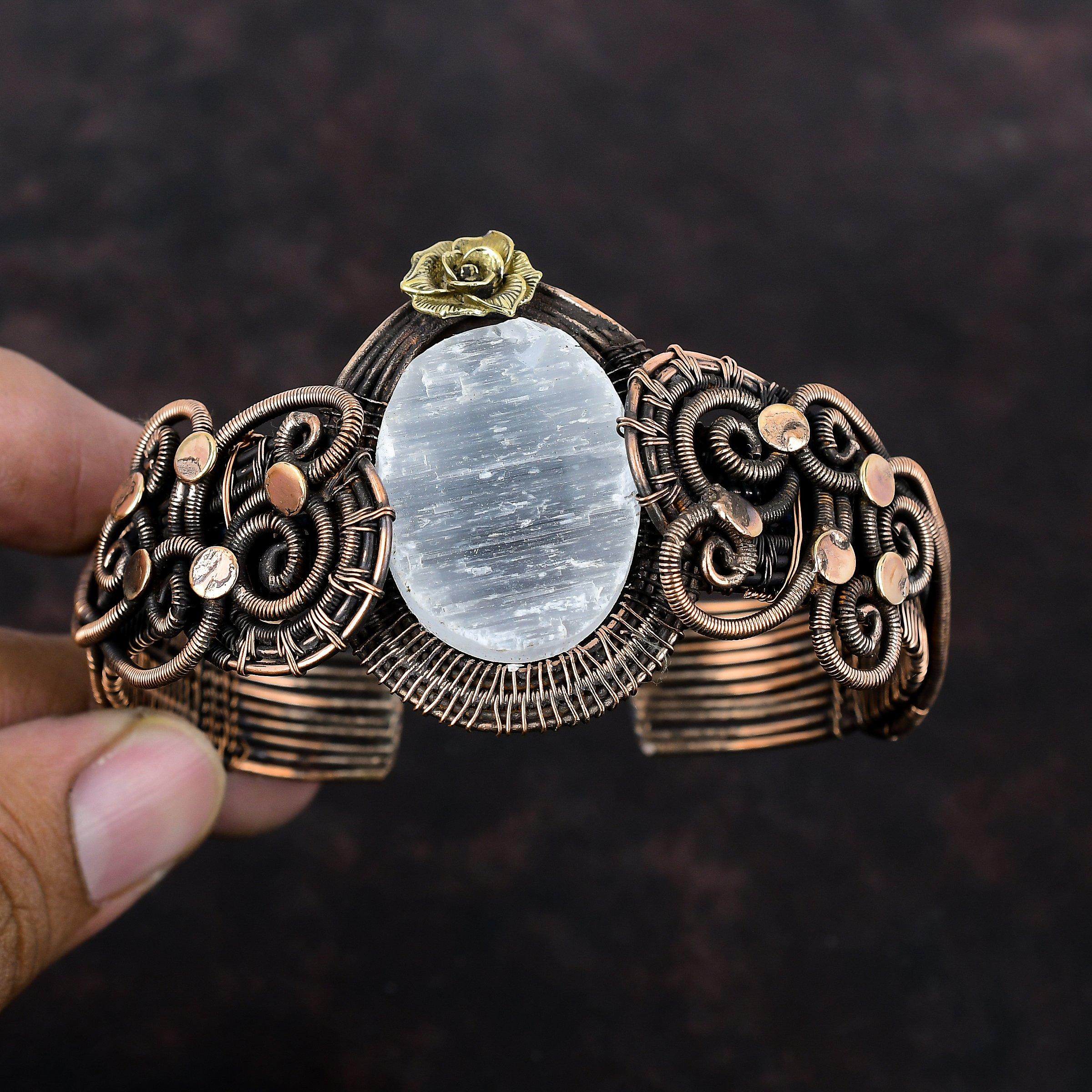 Selenite Druzy Cuff Bracelet Adjustable Gemstone Bangle Copper Wire Wrapped Cuff Bracelet Handmade Flower Bracelet Copper Jewelry For Gifts