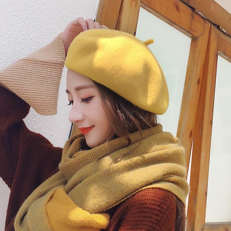 New Women's Korean Style Fashionable Spring Autumn Yarns Beret Hat Solid Color Thickened Warm Vintage Artistic Hats